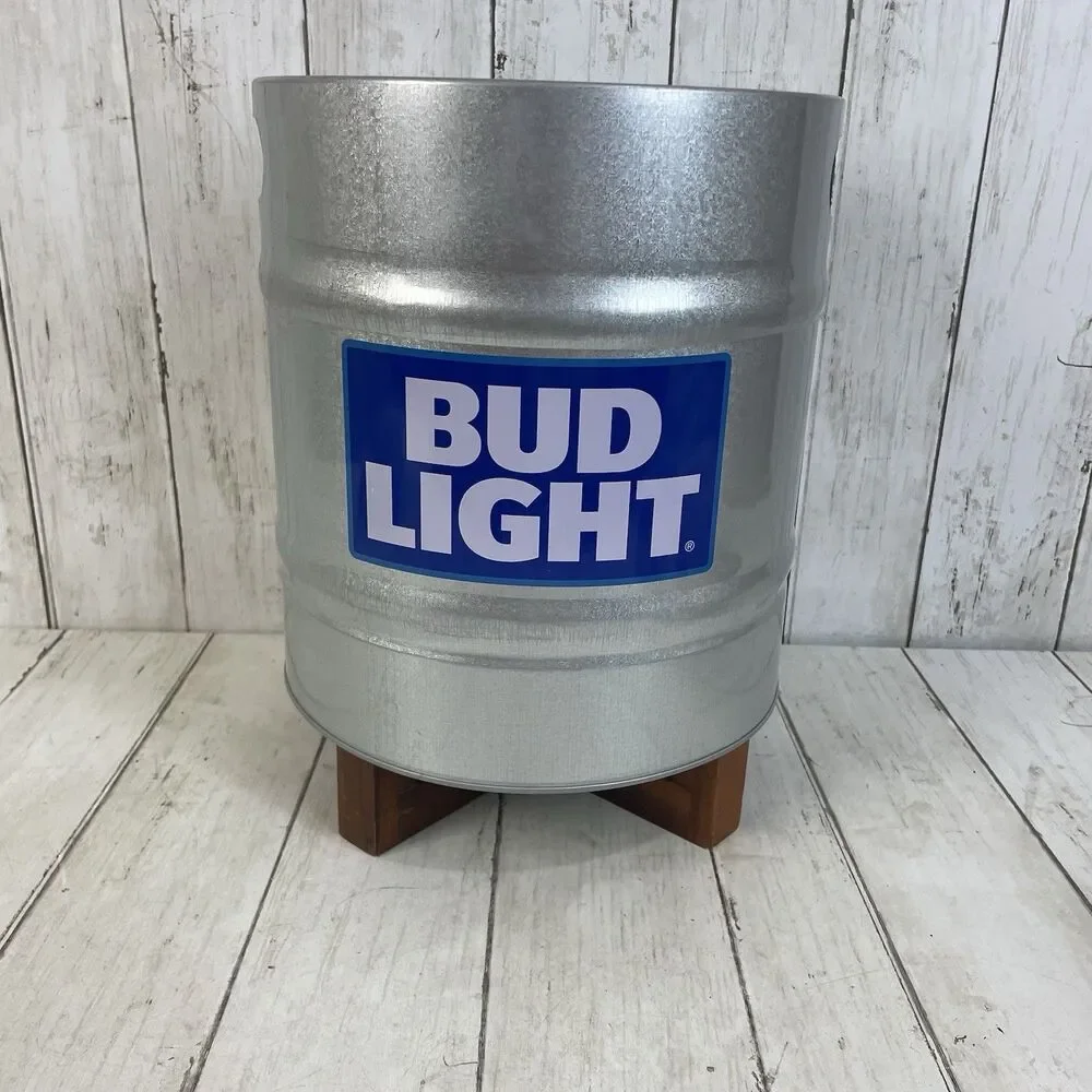 Bud Light Beer Ice Holder Metal Bucket Pony Keg W/ Wooden Stand - Rare!